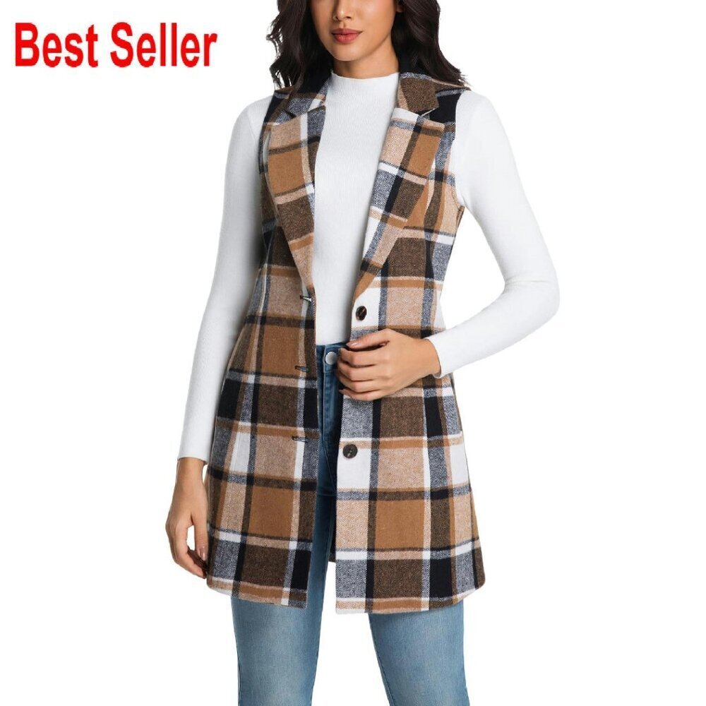 Long Wool Plaid Vest Sleeveless Blazer Trench Coat Classic Chic Fall Winter